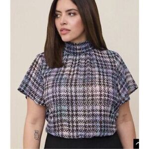 Torrid Chiffon Blouse Womens Size 3X Houndstooth High Neck Purple Sheer Smocked